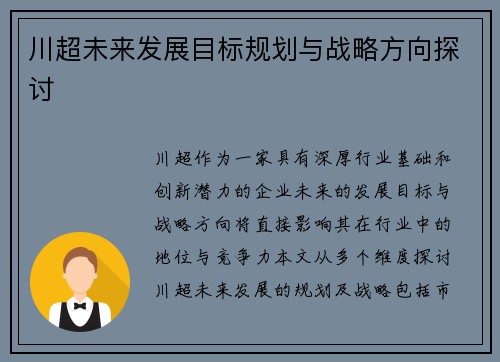 川超未来发展目标规划与战略方向探讨 川超未来发展目标规划与战略方向探讨