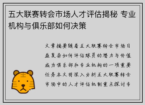五大联赛转会市场人才评估揭秘 专业机构与俱乐部如何决策 五大联赛转会市场人才评估揭秘 专业机构与俱乐部如何决策